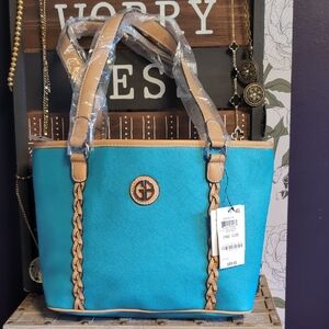 Giani Bernini Teal Tote with Tan Trim and Braided Accents